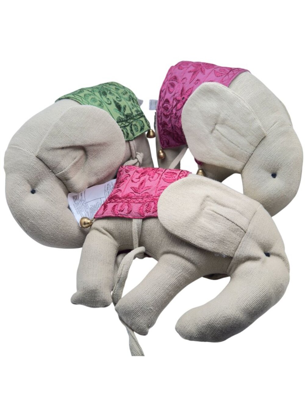World Market Embroidered Cotton Elephant 3 Throw Pillows 11" Beige Pink Green